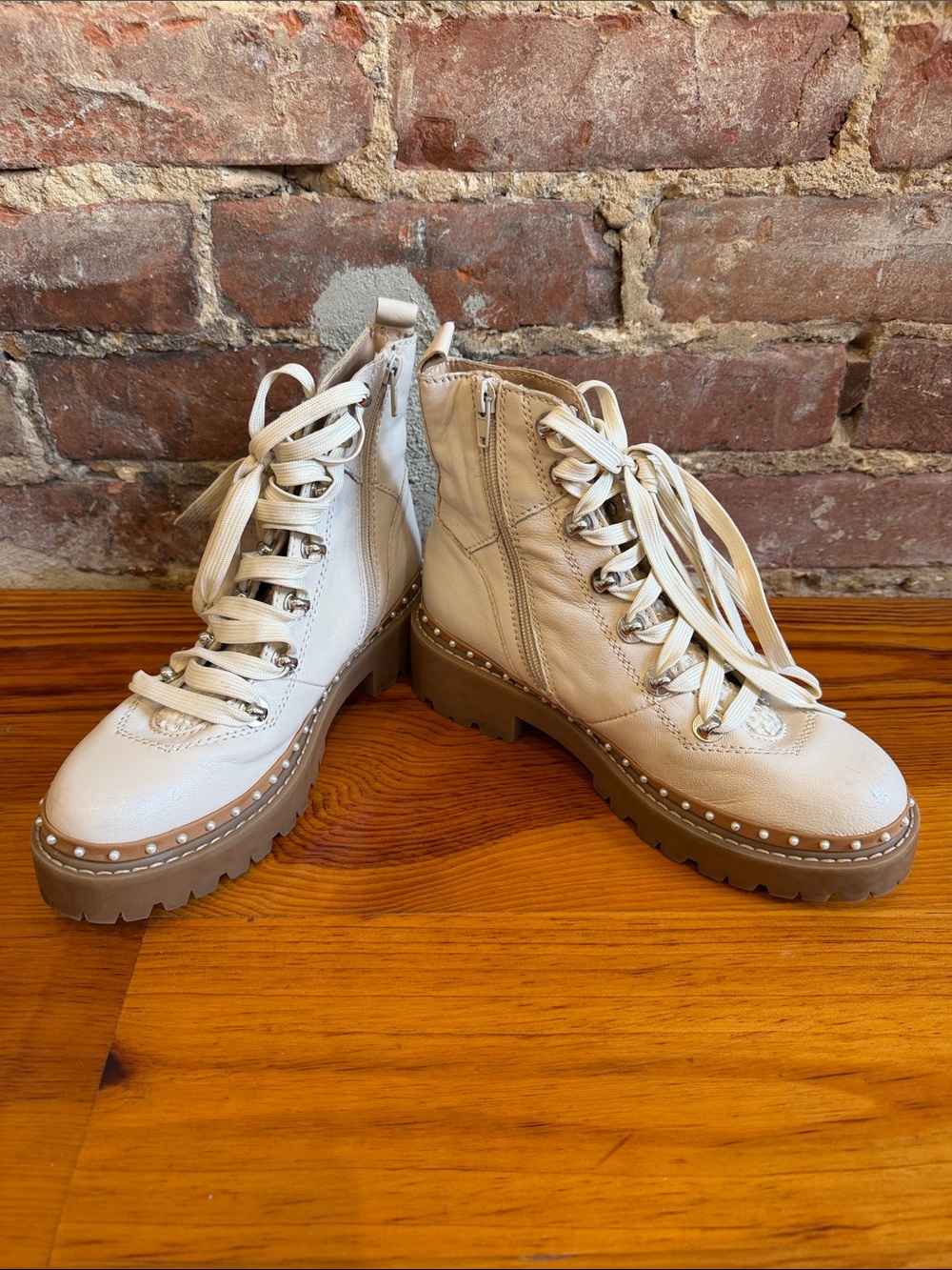 Steve Madden Cream Lace-Up Combat Boots with Tan Lug Sole